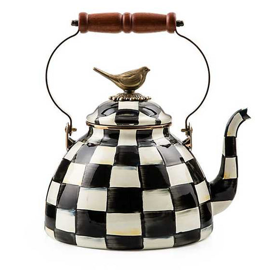 COURTLY CHECK ENAMEL TEA KETTLE-3 QT WITH BIRD