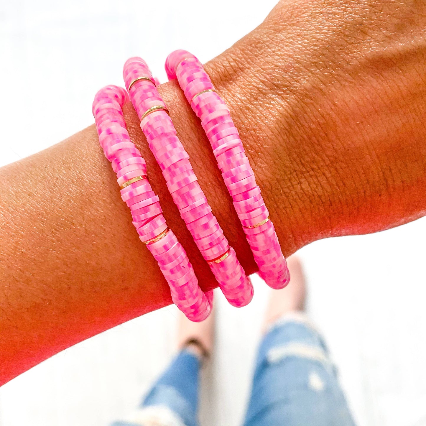 Savvy Bling - Light Pink Neon Pink Dalmatian Speckle Heishi Bracelet