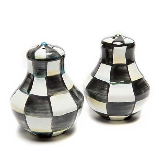 COURTLY CHECK ENAMEL SALT AND PEPPER SHAKERS